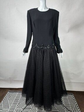 Chris Kole Vintage Black Long Sleeve Evening Gown Size 14 With Beaded Waist & Po